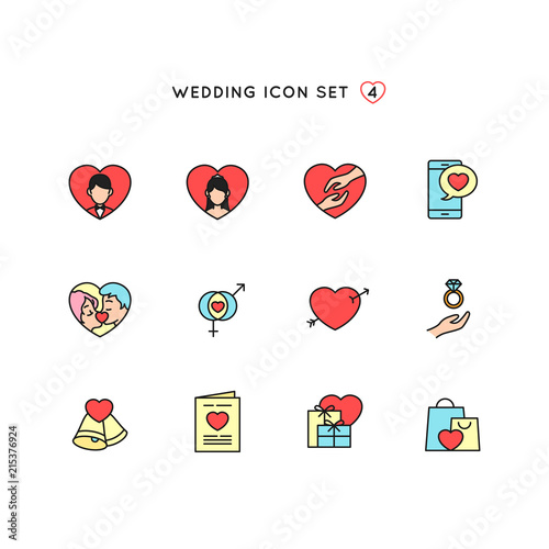 wedding outline icon set. flat color object of marriage illustration with love symbol collection. monoline design perfect for digital invitation, card, website and mobile application design.