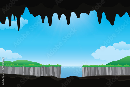 Scenery of waterfall view from inside the cave. Vector nature background