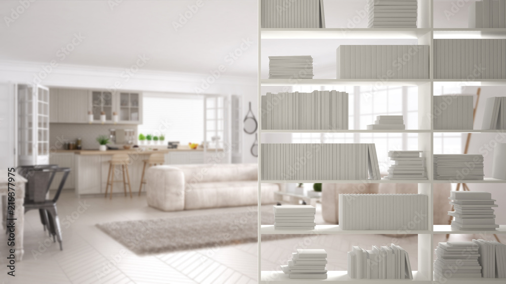 Bookshelf close-up, shelving foreground, interior design concept, modern scandinavian living room in the background Bookshelf close-up, shelving foreground, interior design concept, modern scandinavian living room in the background