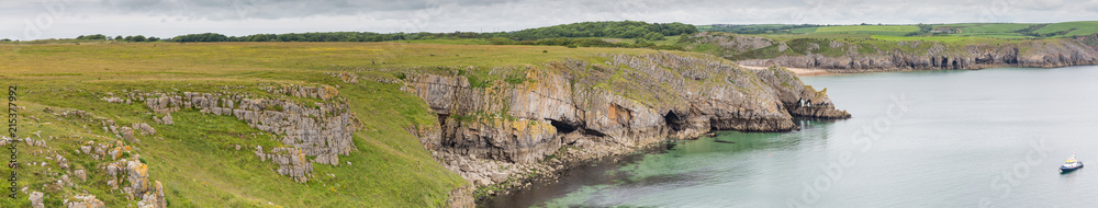 Panoramic view looking back from Stackpole Head towards the Pembroke Coast Path and Barafundle Bay, Pembrokeshire, UK