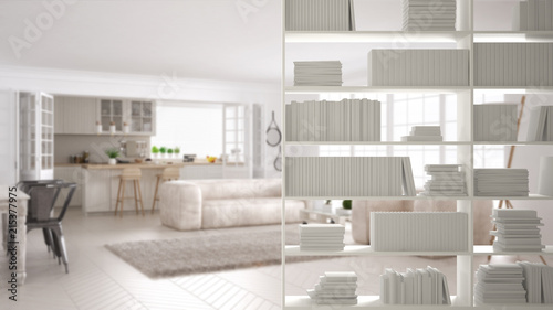 Bookshelf close-up, shelving foreground, interior design concept, modern scandinavian living room in the background