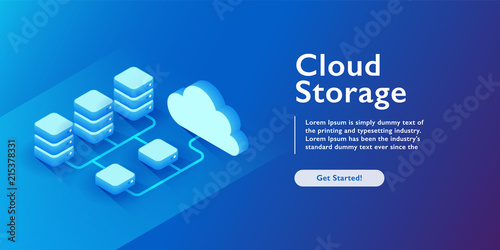 Cloud storage technology, transmission and exchange data, Center, Server room,  dark neon isometric vector illustration