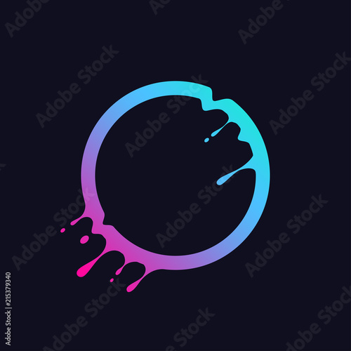 Liquid colorful circle. Abstract gradient round shape with splash and drops. Flux effect design for logo, banner, poster. Vector illustration.