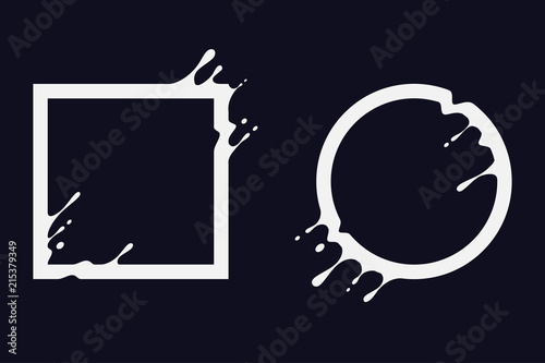 Liquid circle and square. Abstract shapes with splash and drops. Flux effect design for logo, banner, poster. Vector illustration.