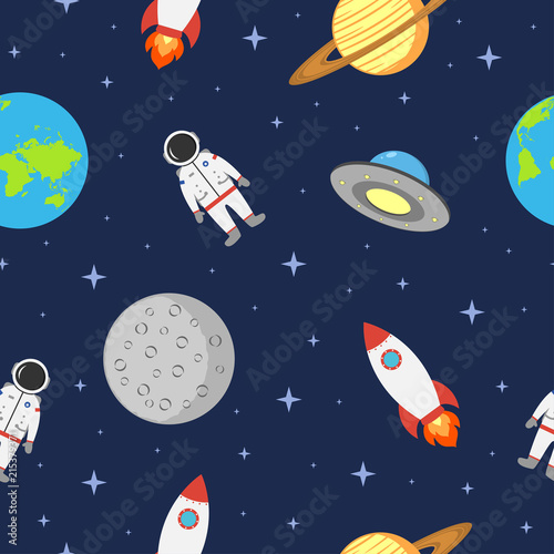 Space seamless background with astronaut, planet, rocket, moon and ufo. Cosmic pattern in flat style. Vector illustration.