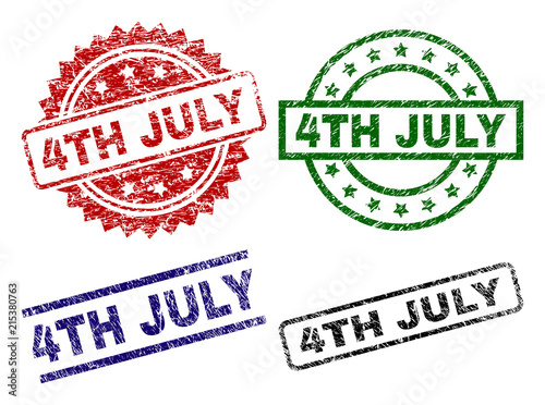 4TH JULY seal prints with corroded style. Black, green,red,blue vector rubber prints of 4TH JULY text with scratched style. Rubber seals with round, rectangle, rosette shapes.