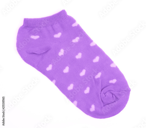 Purple socks with white hearts isolated on a white background photo