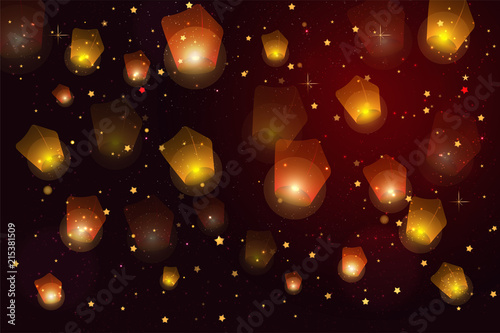 Mid Autumn Festival. Greeting card background with burning lanterns in sky. Banner with glowing Kongming flying lanterns floating in evening sky and place for text. Vector illustration, banner