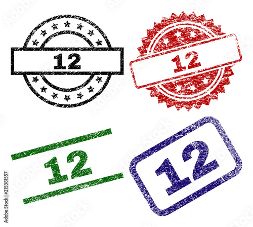 12 seal imprints with distress surface. Black, green,red,blue vector rubber prints of 12 text with scratched surface. Rubber seals with round, rectangle, medallion shapes.