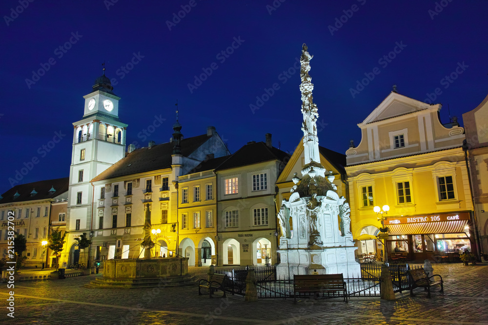 Masaryk Square in the renaissance South Bohemian town of Trebon at night.