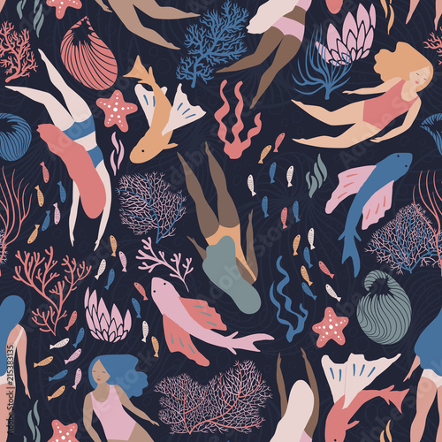 Busy ocean life with fish and like mermaid girls swimming among corals and sea weed. Dark bacground. Vector seamless pattern.