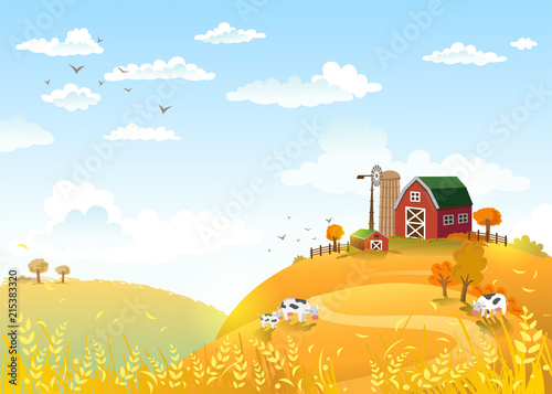 Autmn landscape with farm. © azzzya