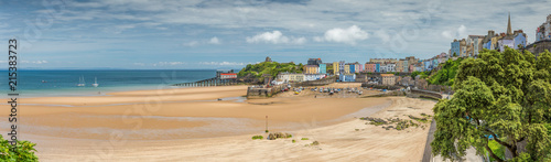 Panoramic view of the harbour and beach at Tenby on the Pembrokeshire coast, Wales, UK