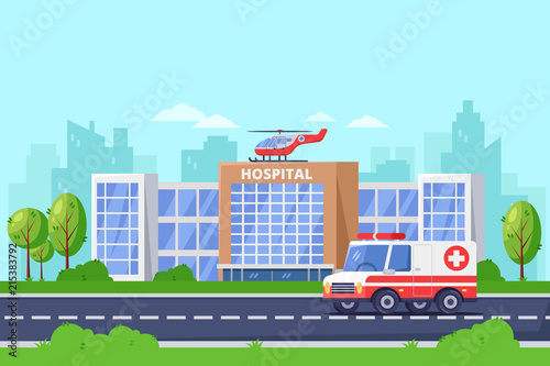 City hospital modern building, vector flat illustration. Clinic medical center, ambulance car and helicopter on roof.