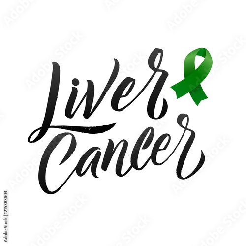 Vector Calligraphy Poster. Green White Awareness Ribbons of Liver Cancer Vector illustration