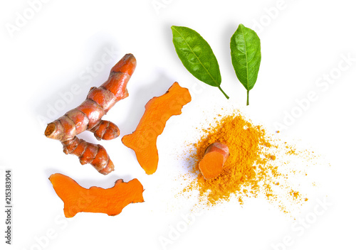 turmeric with leaf isolated on white background
