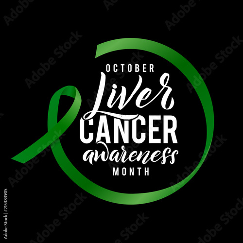 Vector Calligraphy Poster. Green White Awareness Ribbons of Liver Cancer Vector illustration