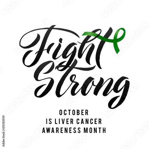 Vector Calligraphy Poster. Green White Awareness Ribbons of Liver Cancer Vector illustration