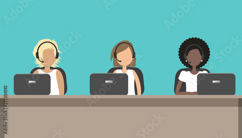 Web banner of call center workers. Young women in headphones are sitting at the desk. People icons. Vector illustration