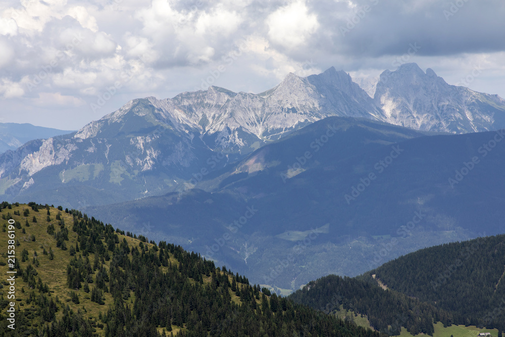 view from mountain boesenstein to mountain range gesaeuse styria,austrian alps