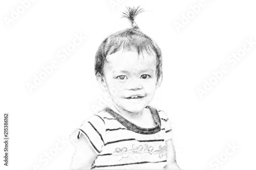 Sketch drawing of asian baby girl.