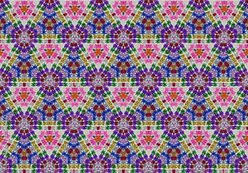 Illustration Art of Beautiful Illusion Kaleidoscope Seamless Pattern Designed From Plastic Ribbon Bows for Textile, Background, Backdrop, or Wallpaper.