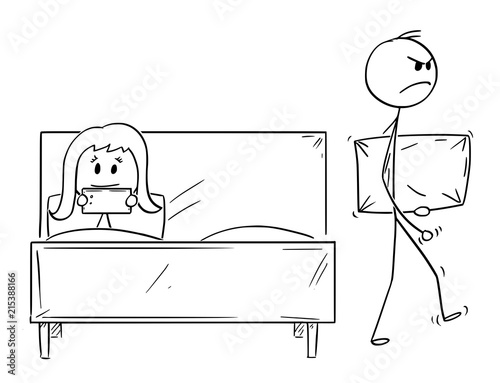 Cartoon stick drawing conceptual illustration of couple. Man offered sex or  sexual intercourse, woman is rejecting and chatting or internet browsing on mobile  phone instead. Man is leaving bed angry Stock Vector |