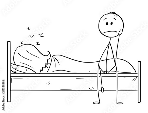 Cartoon stick drawing conceptual illustration of sad or depressed man sitting on bed while woman is sleeping in it. Concept or sleeping or relationship problem.