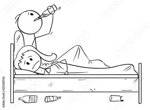 Cartoon stick drawing conceptual illustration of unhappy or frustrated woman trying to sleep while man or husband is drinking alcohol in bed. Concept of relationship problem and alcohol addiction.