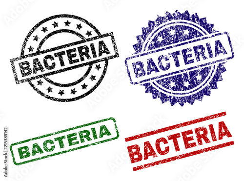 BACTERIA seal prints with corroded style. Black, green,red,blue vector rubber prints of BACTERIA title with unclean style. Rubber seals with round, rectangle, medal shapes.