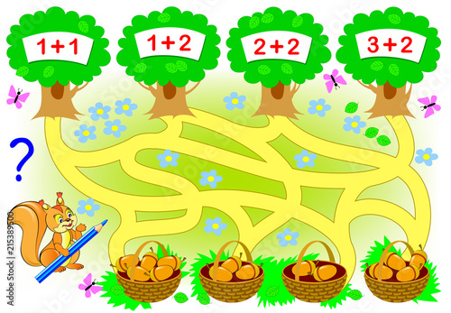 Educational page with mathematical exercises for little children. Where the squirrel need to carry each basket? Count the acorns, solve examples and draw the way. Vector cartoon image.