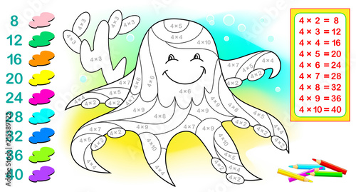 Worksheet with exercises for children with multiplication by four. Need to solve examples and paint the octopus in relevant colors. Vector cartoon image.