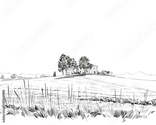 Rural landscape. Farm sketch hand drawn vector illustration. 
