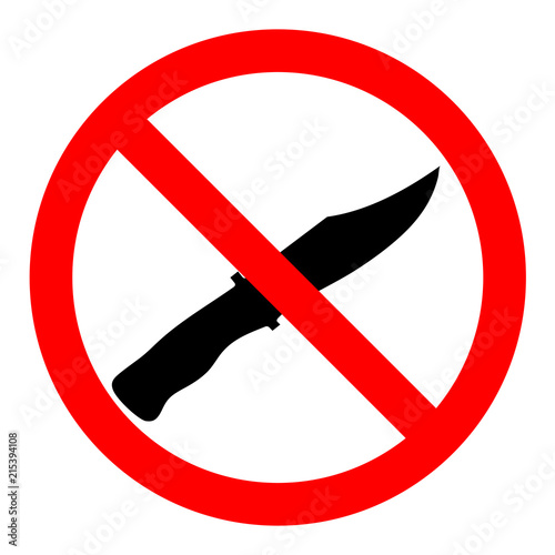 Flat design style. No Knife or No Weapon Sign. No weapon allowed symbol. Knife cross out. Prohibited icon in a red circle isolated on a white background.