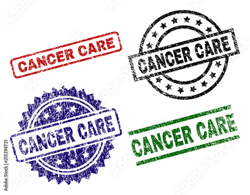 CANCER CARE seal prints with damaged surface. Black, green,red,blue vector rubber prints of CANCER CARE text with dust surface. Rubber seals with round, rectangle, medallion shapes.