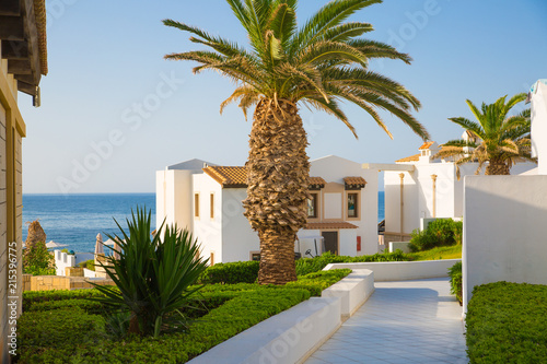 Hersonissos, Crete. The 5 stars Aldemar Knossos Royal Hotel with village-style layout of Royal villas, surrounded by beautiful garden and marble decorated paths