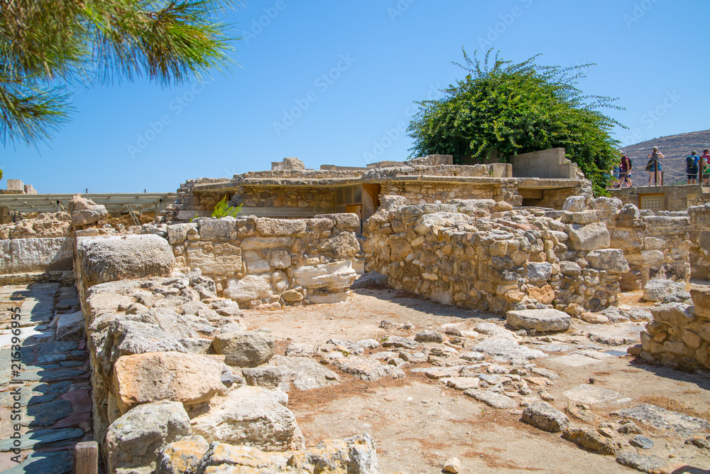 Greece, Crete. Knossos ruins, ceremonial and political centre of the tsar Minos. Archaeological site connected with legends of Daedalus, Minotaur, Ariadne and Icarus 