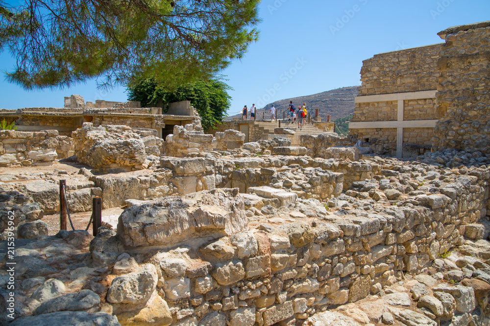 Greece, Crete. Knossos ruins, ceremonial and political centre of the tsar Minos. Archaeological site connected with legends of Daedalus, Minotaur, Ariadne and Icarus 