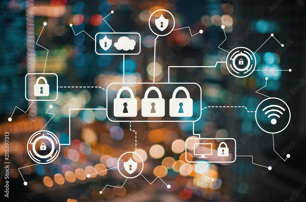 Cyber security with blurred city abstract lights background