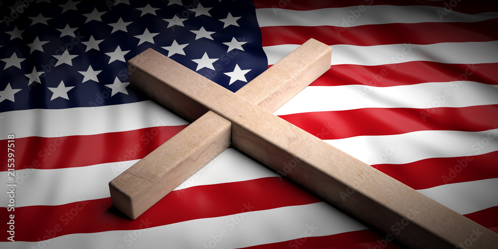 Christian cross on American flag background. 3d illustration Stock