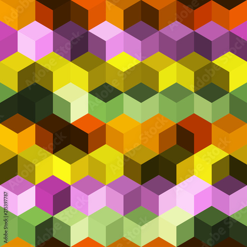 Hexagon grid seamless vector background. Stylized polygons bauhaus corners geometric design. Trendy colors hexagon cells pattern for game background. Honeycomb cube shapes mosaic.