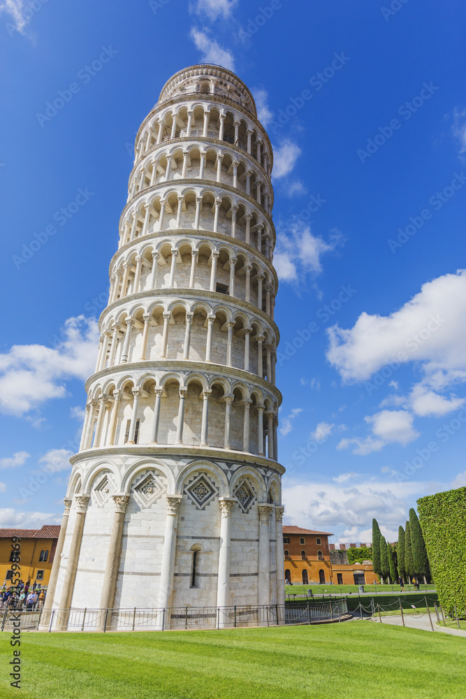 Pisa tower on blue sky. Italian landmark