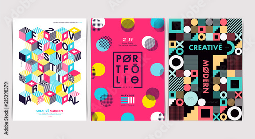 Set of Flyer templates with geometric shapes and patterns, 80s memphis geometric style. Vector illustrations.