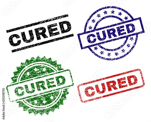 CURED seal prints with distress texture. Black, green,red,blue vector rubber prints of CURED caption with retro texture. Rubber seals with round, rectangle, medallion shapes.