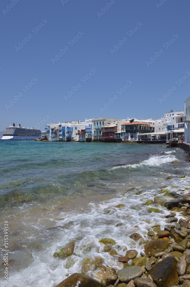 Beautiful Views Of The Neighborhood Of Little Venice With Its Idilicos Restaurants In Chora Island Of Mikonos .Arte History Architecture July 3, 2018. Chora, Island Of Mikonos, Greece.