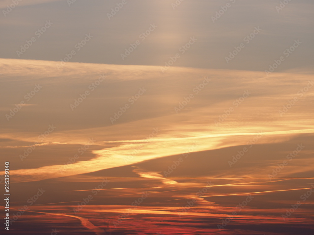 Panorama of colored sky at sun set with clouds formation from european Bielsko-Biala city, Poland