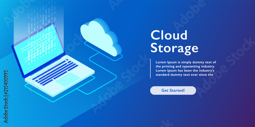 System of cloud storage, laptop uploading data, backup information isometric vector illustration