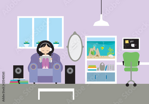 Young girl with headphones and laptop sitting on armchair in pink living room with aquarium and speakers, listening to music or watching film - flat design