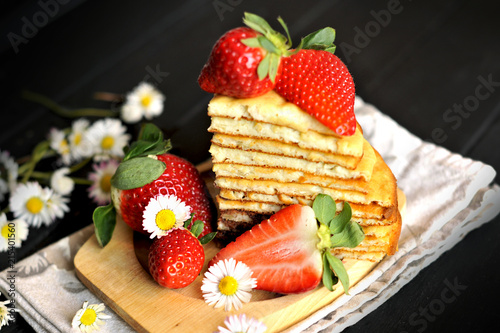 pancakes with strawberries, delicious homemade breakfast. Copy spase, photo