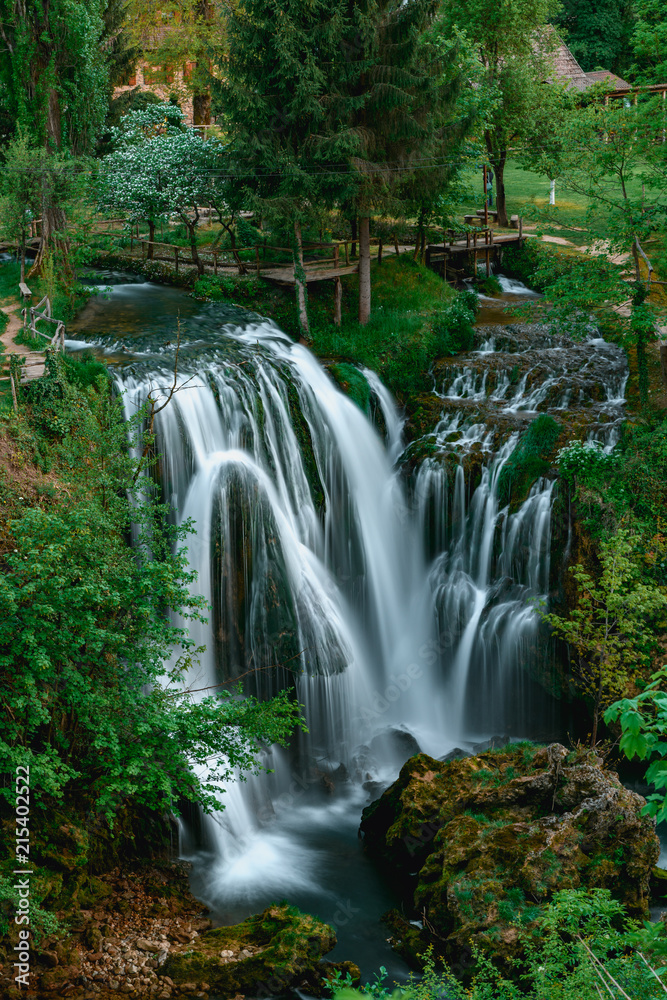Beautiful waterfall at famous Rastoke village in Slunj, Coratia. Beautiful waterfall at famous Rastoke village in Slunj, Coratia.